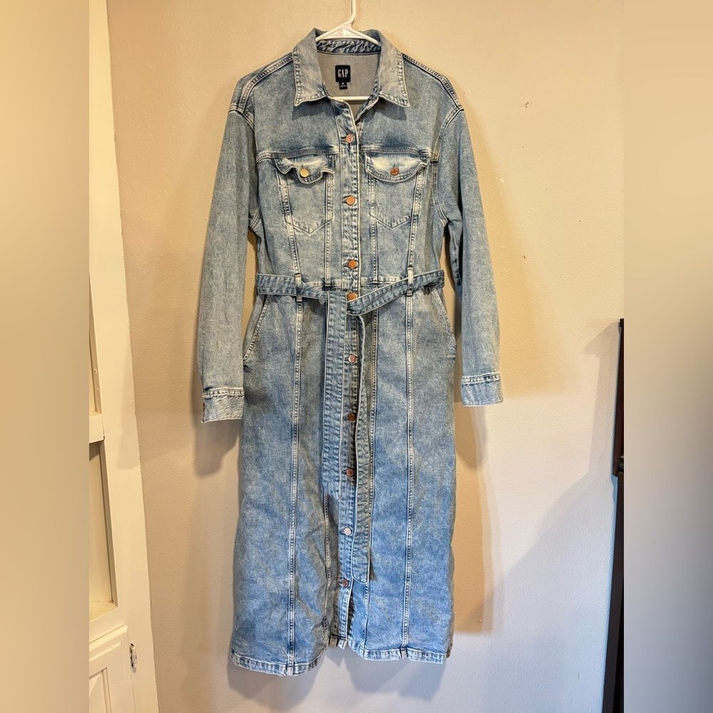 GAP Denim Midi Dress Belted Button Front Acid Wash Long Sleeve Size M - Picture 2 of 8